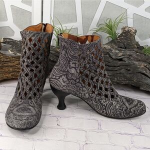 John Fluevog Bellevue DeVere Black Paisley Diamond Perforated Boot